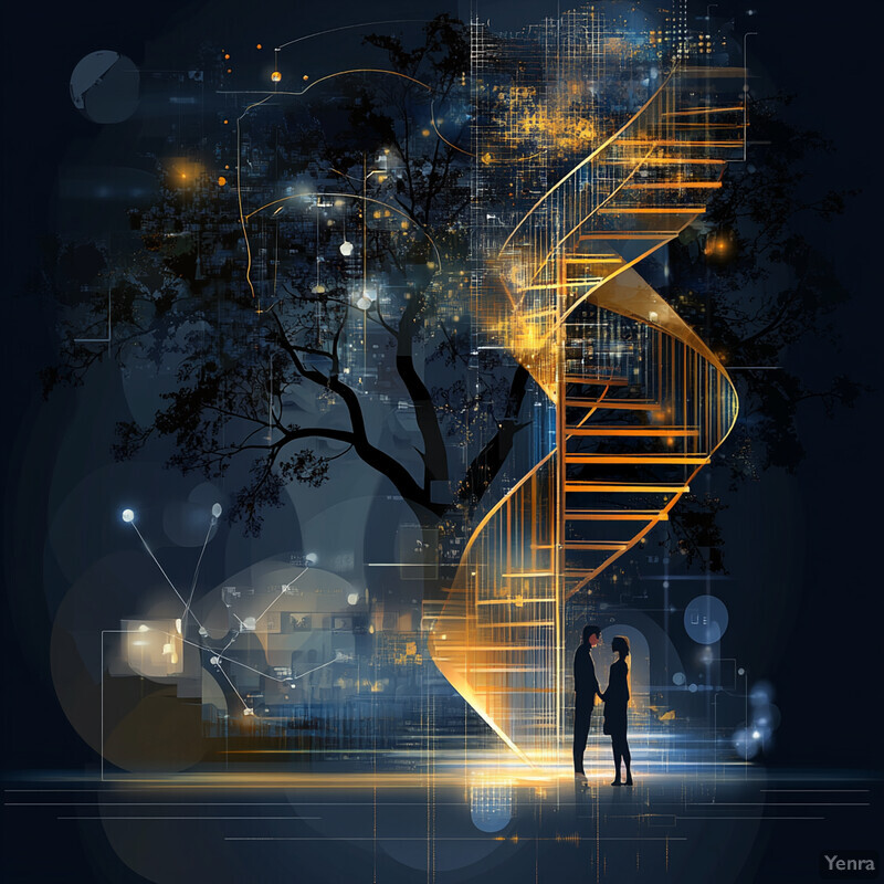 An image depicting the integration of genetic data with nature, featuring a DNA double helix structure intertwined with a tree and a spiral staircase leading to a light source.