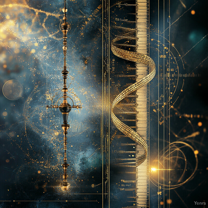 This image showcases an intricate composition that combines scientific concepts with artistic expression, featuring a DNA double helix structure and an ornate golden rod amidst an abstract background.