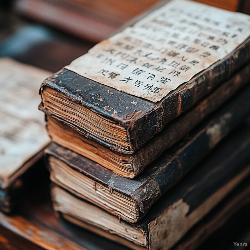 A stack of old books with worn leather covers and yellowed pages.