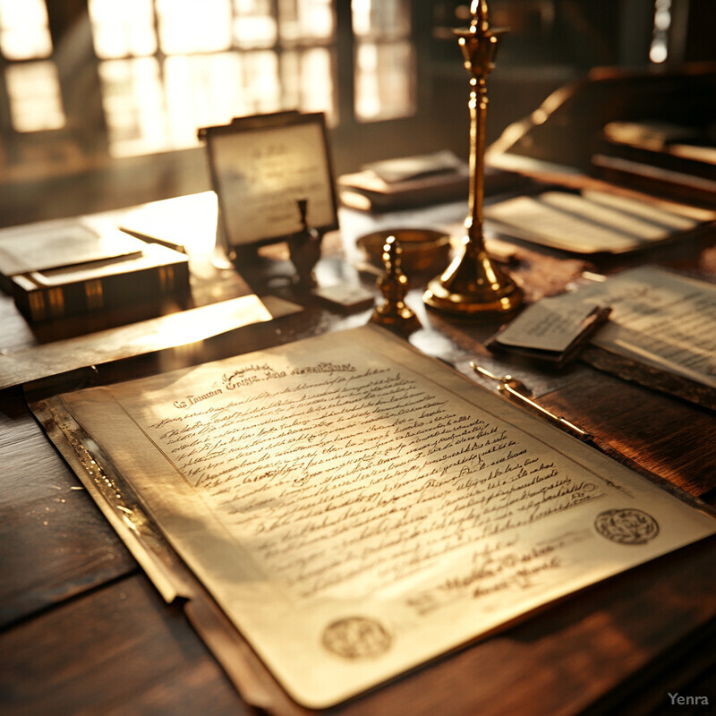 An antique desk with various objects, including a quill pen and inkwell, suggesting daily activities of writing and correspondence.