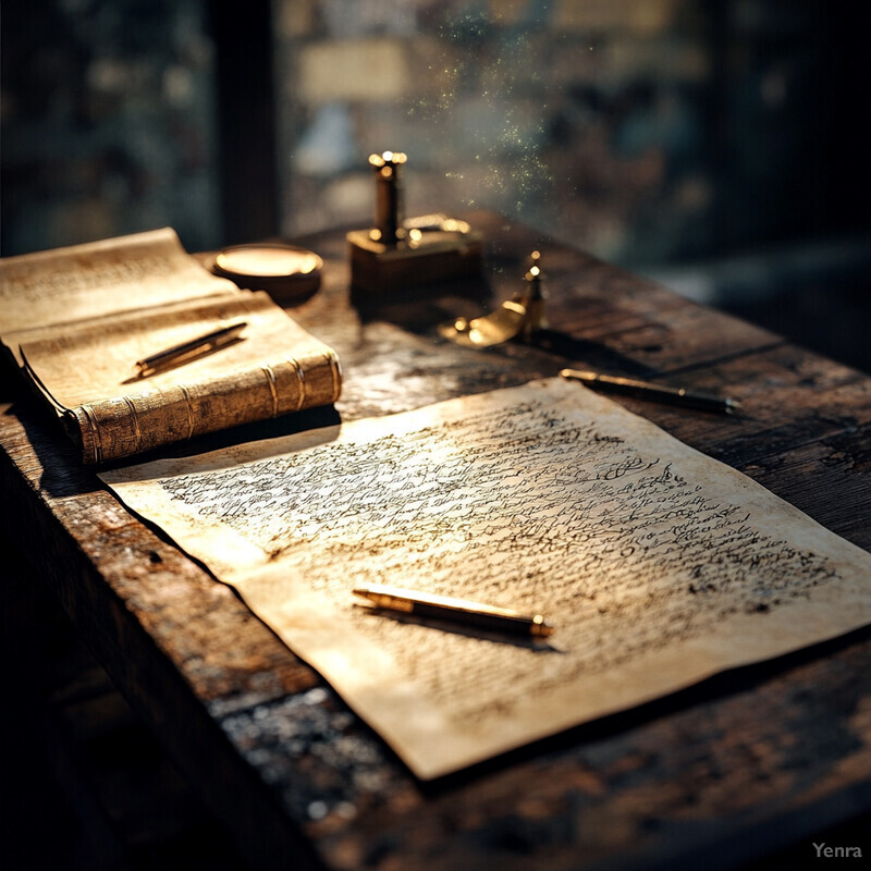 An old wooden desk with various objects scattered on it, including a book and handwritten text.