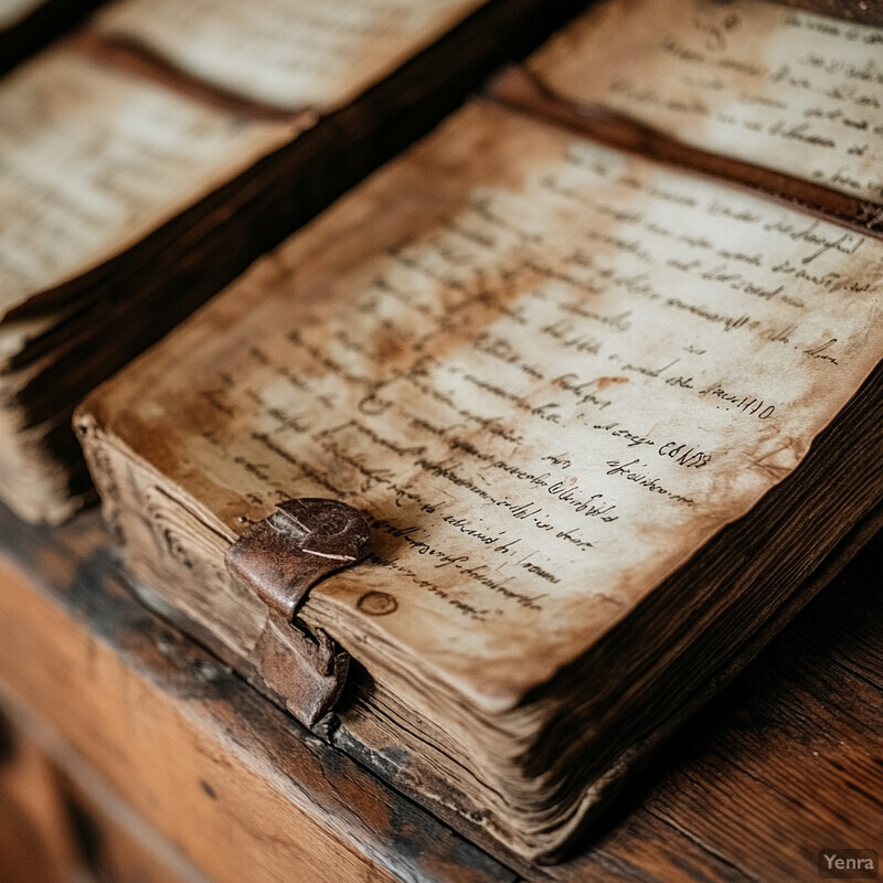 An old book with yellowed pages rests on a wooden table, filled with handwritten text in black ink.