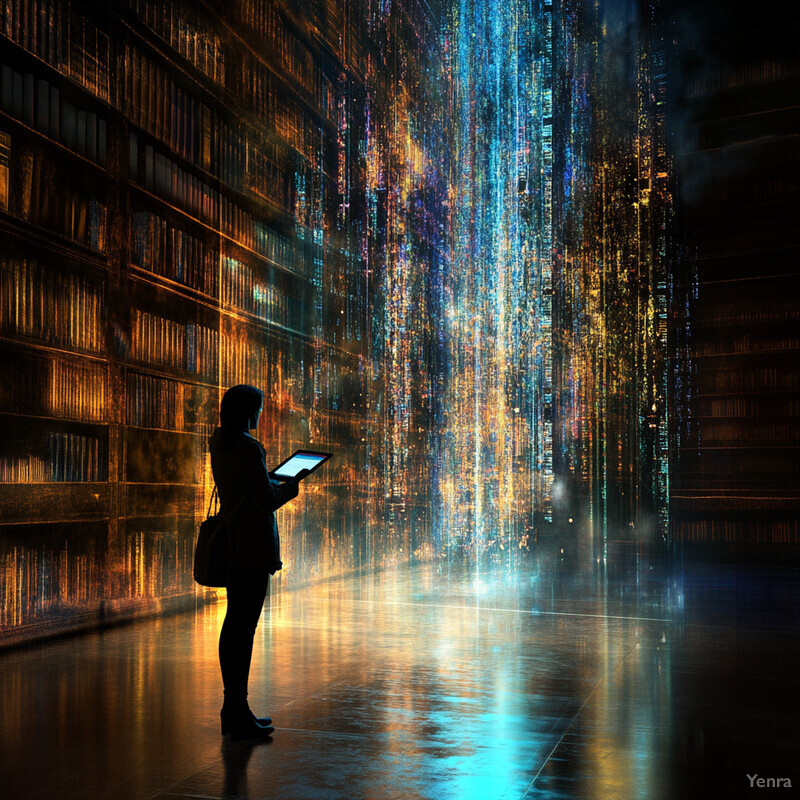 A woman stands in front of a bookshelf, holding an object and surrounded by shelves filled with books.