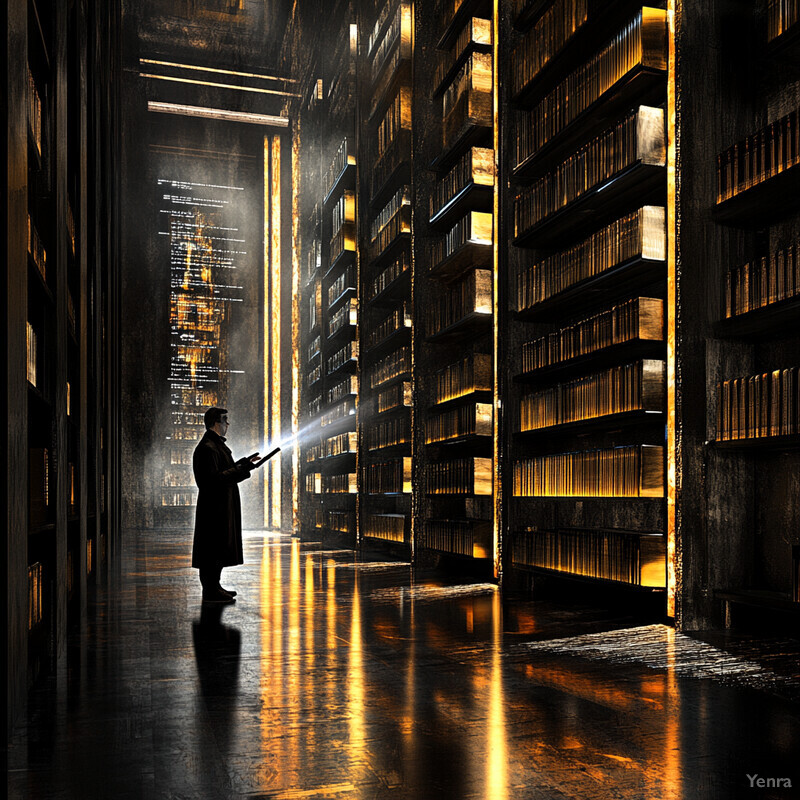 A man stands in front of a large bookshelf, holding a glowing orb and surrounded by books and papers.