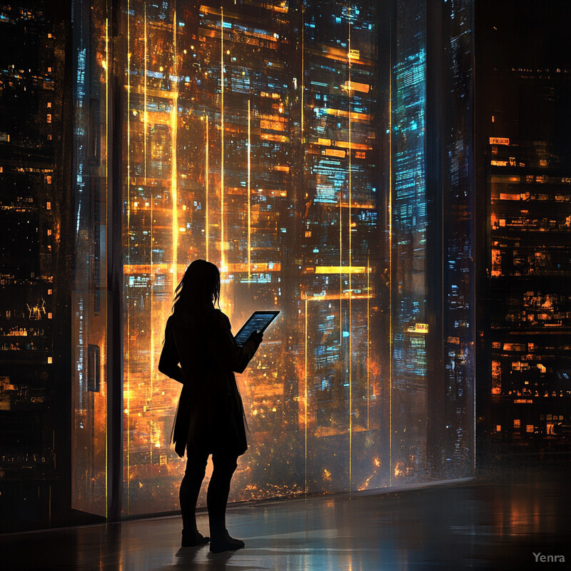 A woman stands in front of a large screen displaying a cityscape at night, holding a tablet and gazing upwards.