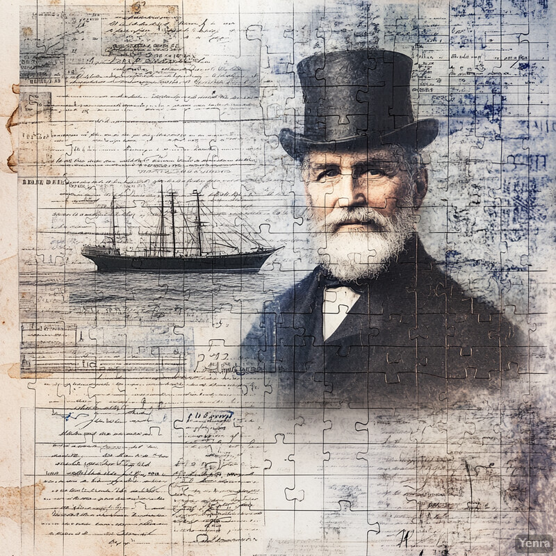 An old-fashioned portrait of a man with a top hat and coat, set against a backdrop of handwritten notes and sketches.