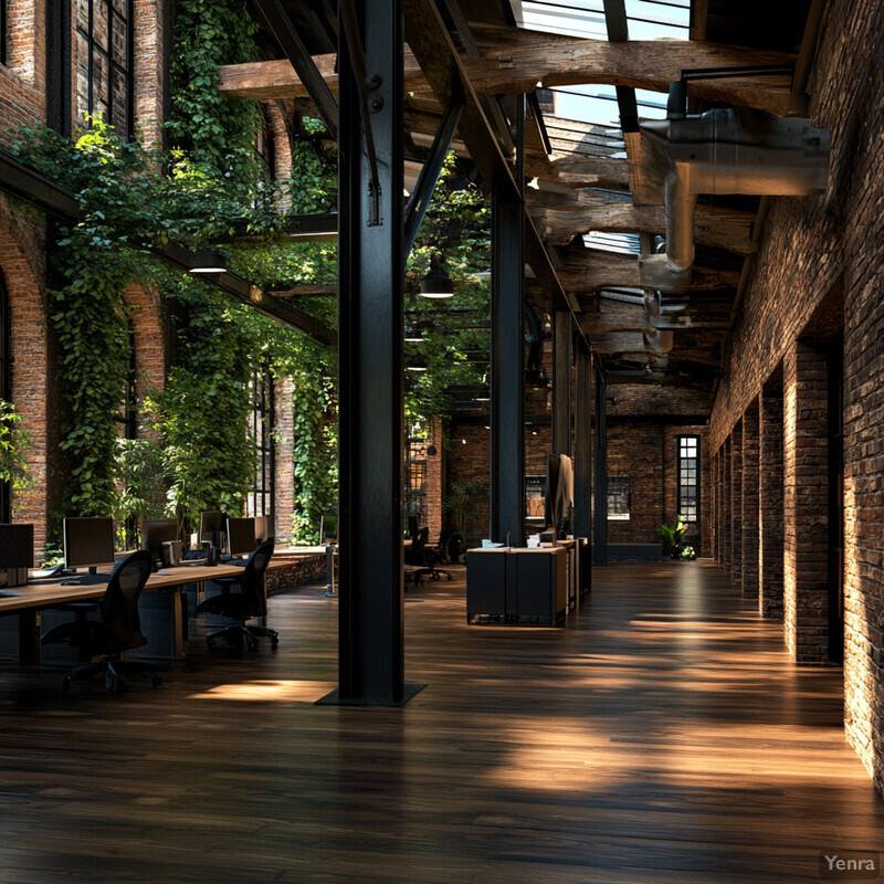 A modern office space with exposed brick walls and wooden floors, featuring several desks with computers and chairs.