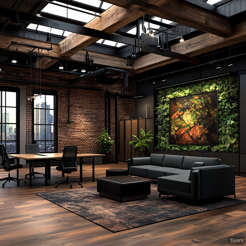 A modern and industrial office space with exposed brick walls, wooden floors, and metal beams, featuring a comfortable-looking black couch and a green living wall.