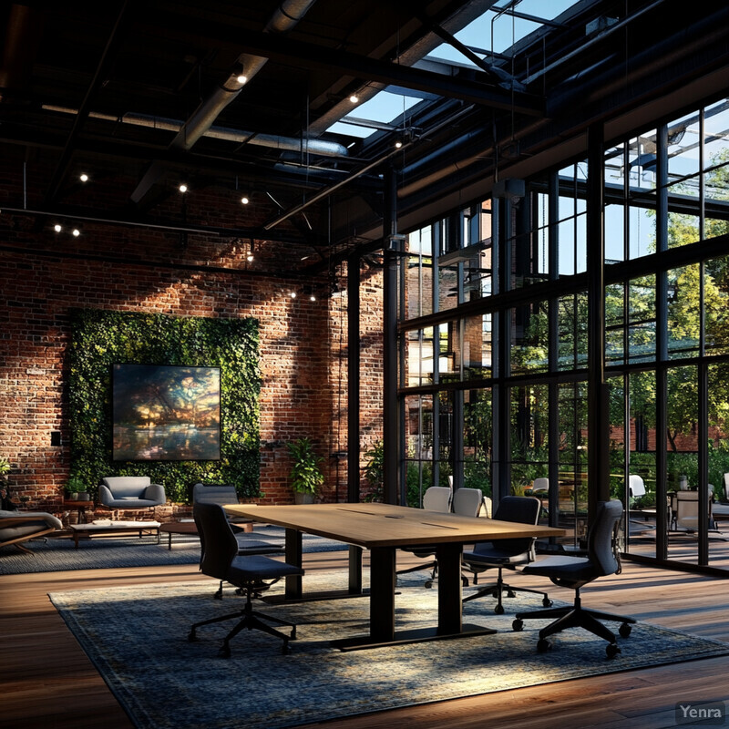 An office space with exposed brick walls and large windows.