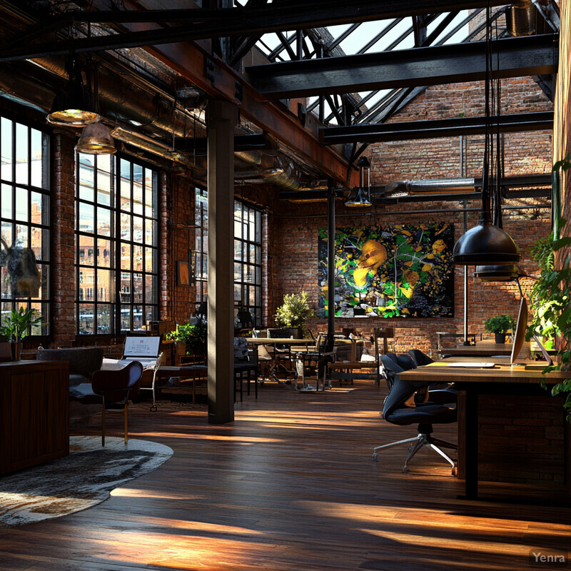 An industrial-style office space with exposed brick walls, high ceilings, and large windows that allow natural light to pour in.