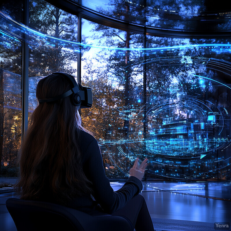 A woman wearing VR goggles sits in a chair, gazing at a large screen displaying a futuristic cityscape.