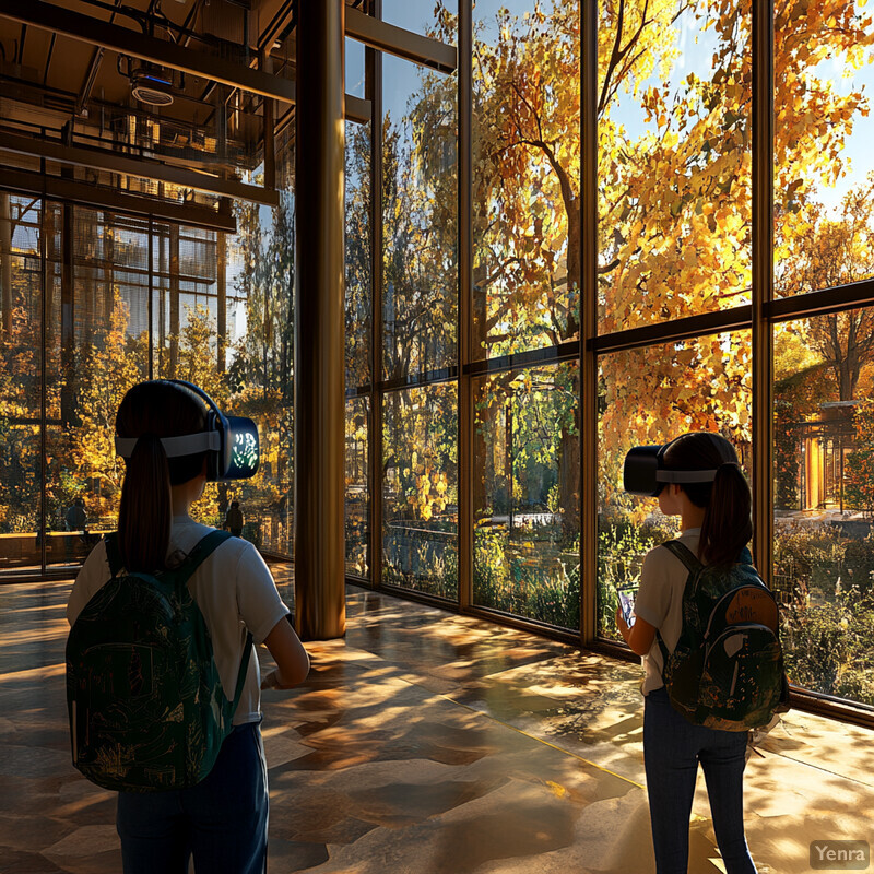 Two individuals wearing VR headsets and backpacks stand in front of a large window, gazing at an outdoor scene.