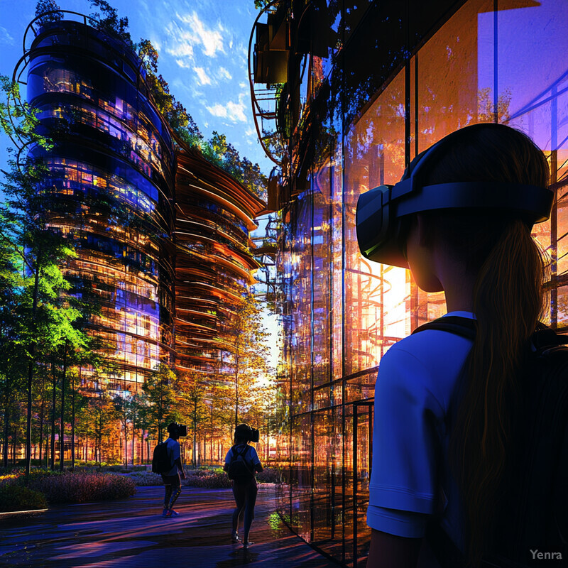 A woman wearing VR goggles stands in front of a large building surrounded by trees and bushes.