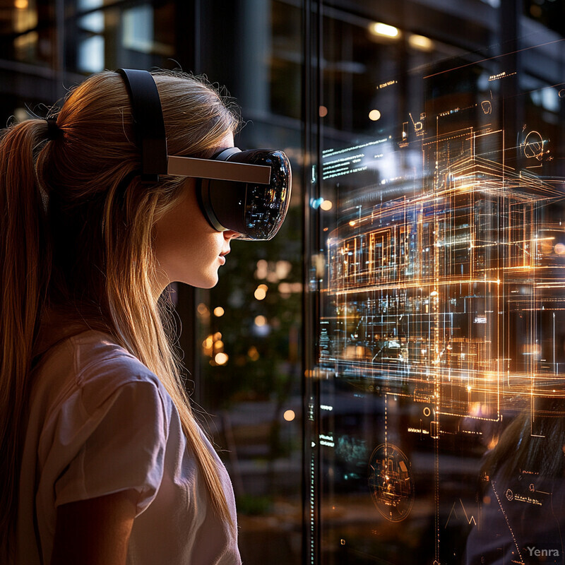 A young girl wearing virtual reality goggles stands in front of a large screen displaying a futuristic cityscape.