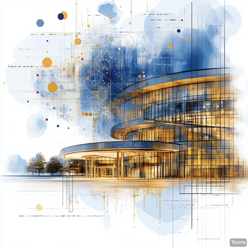 Abstract artistic rendering of a large building with rounded corners and multiple stories.