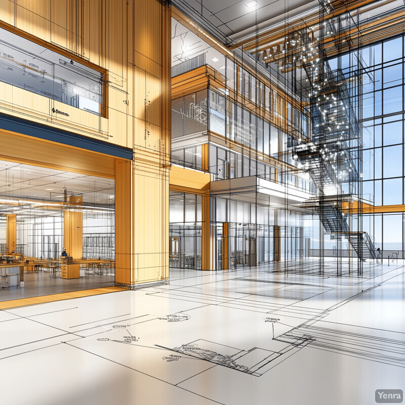 A large, open office space with high ceilings and natural light, featuring a blueprint on the floor.