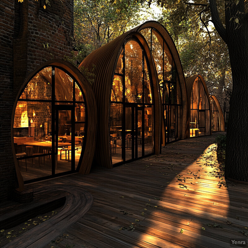 A modern outdoor setting with curved wooden structures and glass walls, surrounded by trees and foliage.