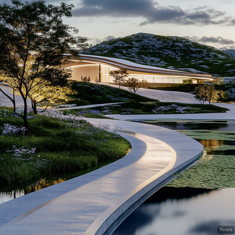 A modern building with a minimalist design situated on a hillside overlooking a serene body of water.