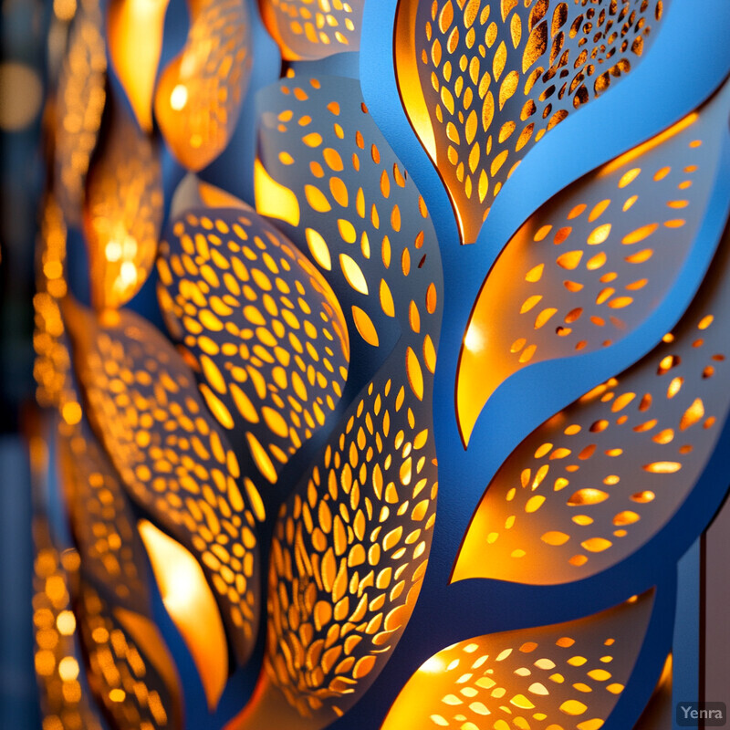 A close-up of a decorative screen or wall art featuring intricate cut-out patterns in orange and blue hues.