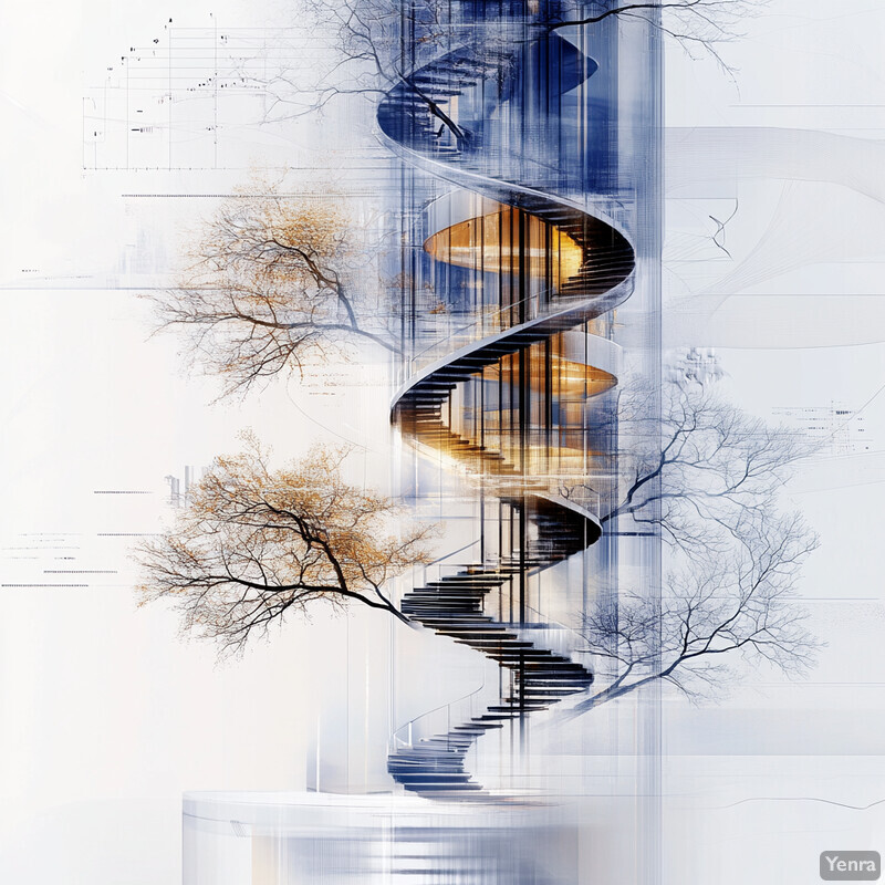 A spiral staircase ascends through a transparent cylinder, set against a white background with bare trees.