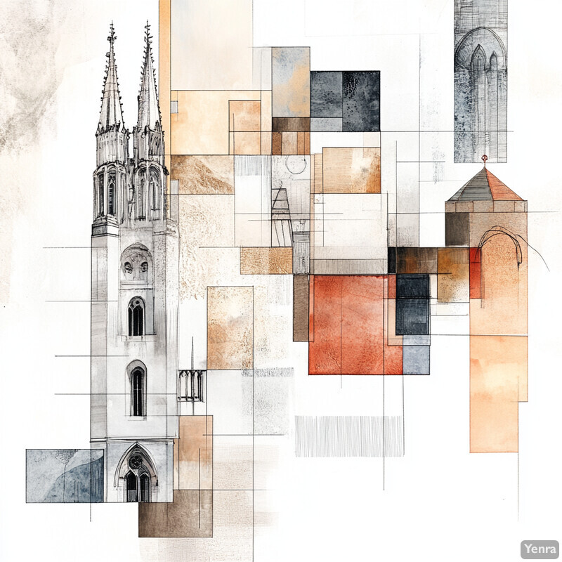 Abstract composition of architectural elements in white, brown, and gray hues.