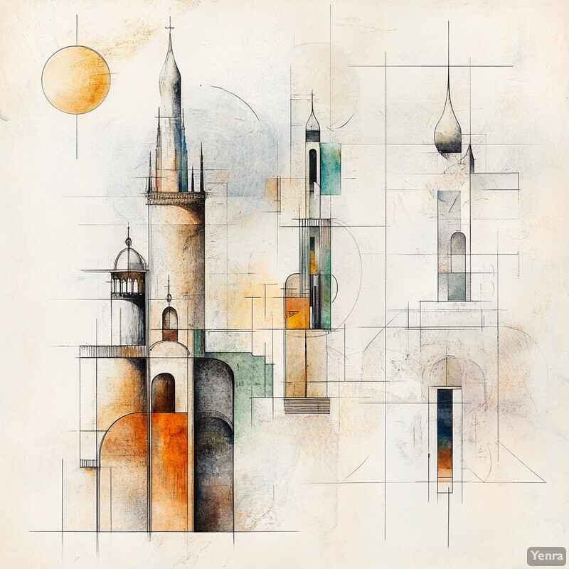 A cityscape with a mix of geometric shapes and organic forms, featuring dominant colors white, orange, blue, and black.