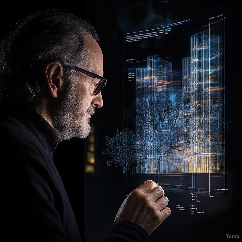 An older man examines a blueprint or architectural design on a transparent screen.