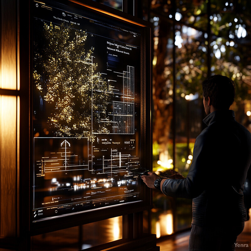 A man interacts with a screen displaying an architectural design in an indoor setting.