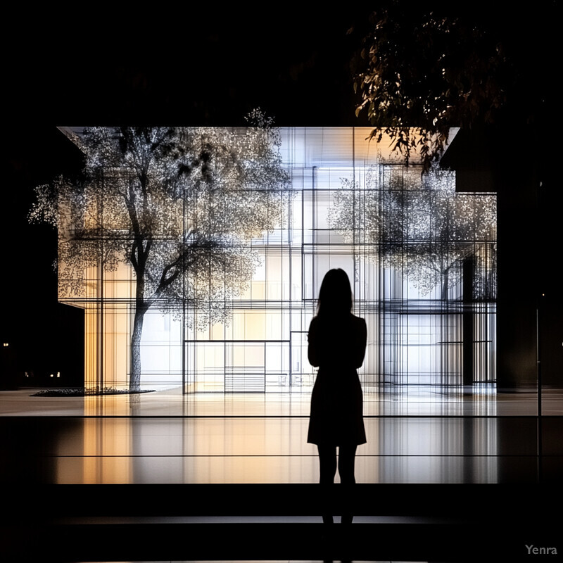 A woman stands in front of a large screen displaying an architectural design.