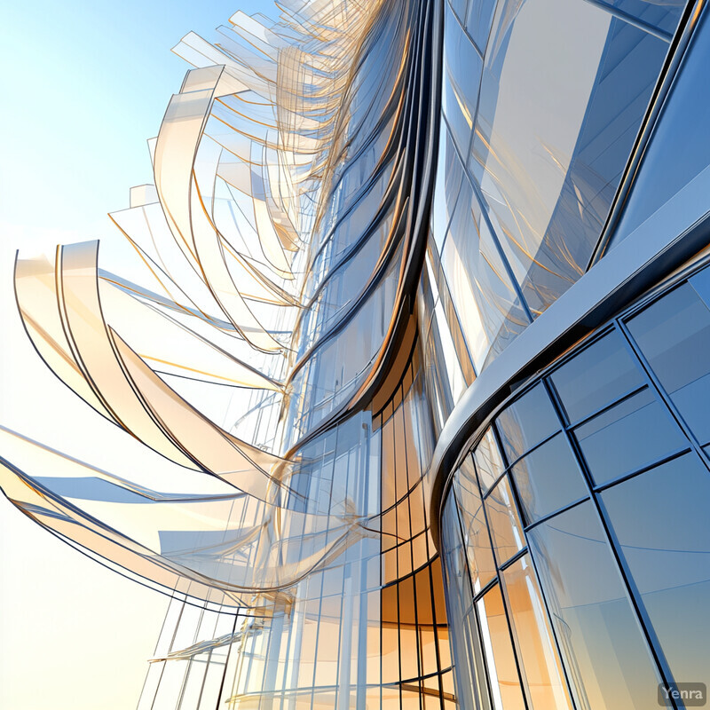 A futuristic architectural design featuring curved glass panels and a transparent facade.