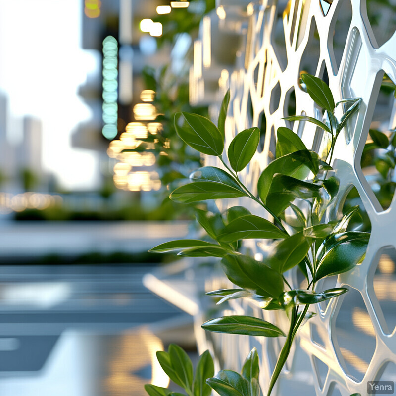 A modern building or wall with a unique hexagonal design and lush green plants sprouting through it.