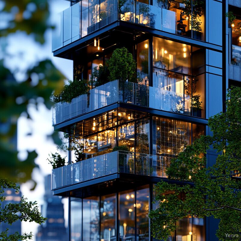 An apartment building with a modern glass facade and lush greenery, promoting sustainability through reduced energy consumption and enhanced air quality.