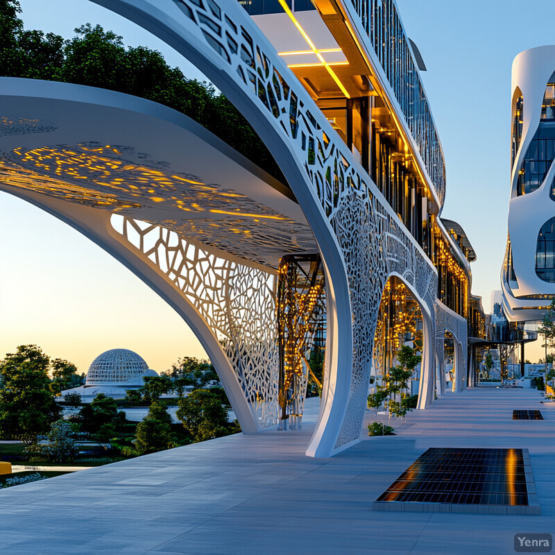 A futuristic building with a unique design and archway, set against a backdrop of trees and other buildings.