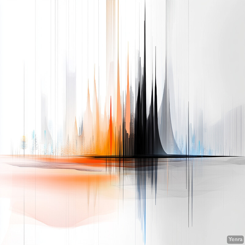 An abstract composition with orange and black shapes set against a white background.