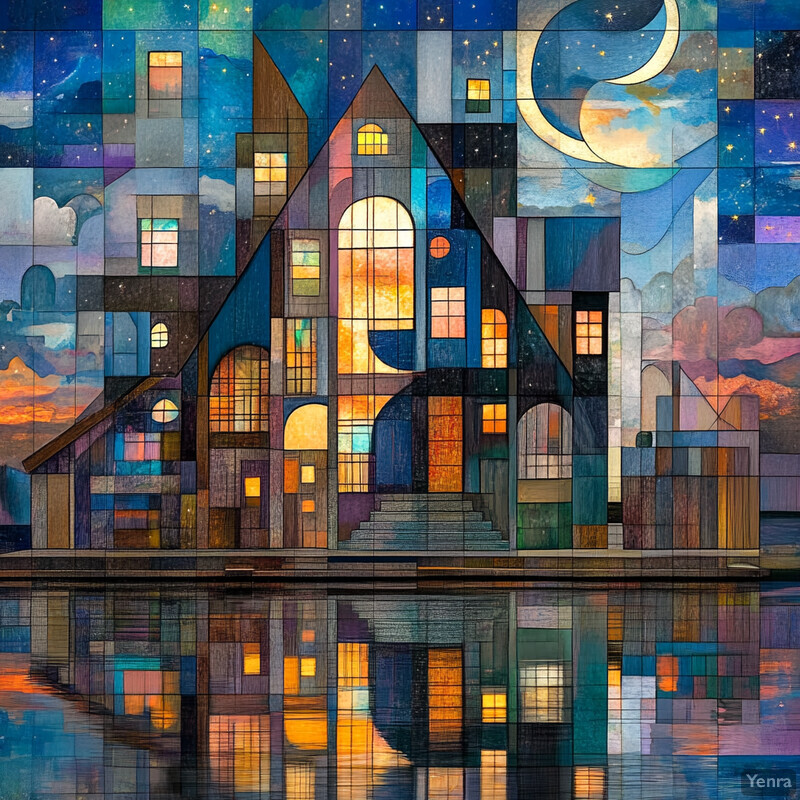 Vibrant and imaginative representation of a house with stained glass windows in the style of a dreamlike landscape.