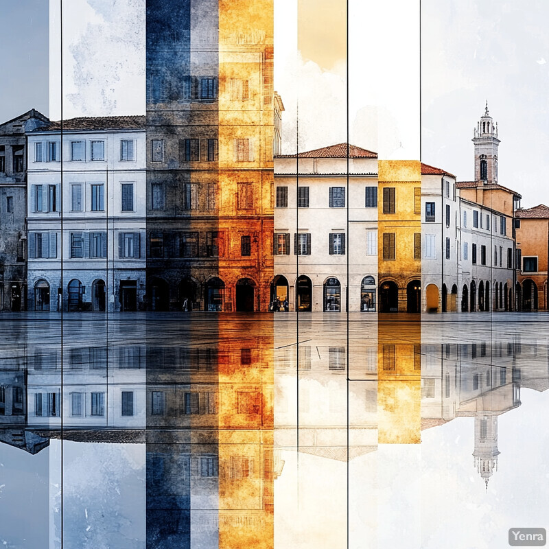 A stylized representation of an old European city square with grand architecture and muted colors.