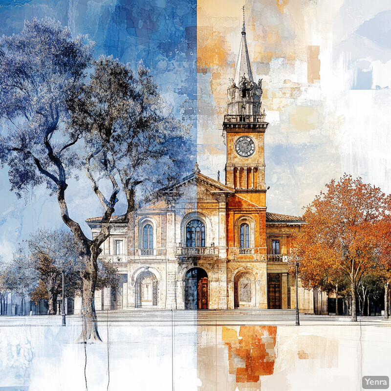 A style transfer image featuring a blue and white building on the left, a clock tower in orange and brown on the right, and a tree in front of the building.