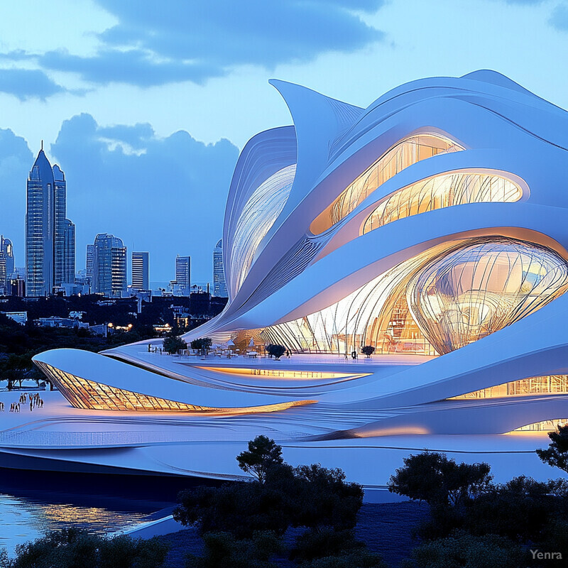 A futuristic building with a unique design and wavy lines stands out against the backdrop of a bustling city.