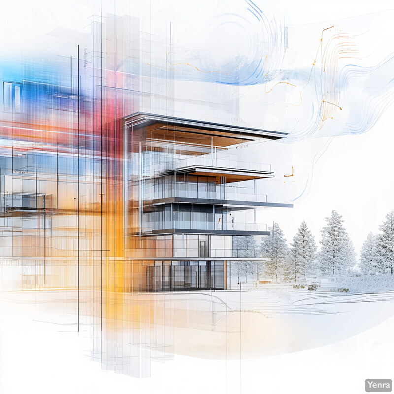 A modern building with glass walls and balconies set against a winter wonderland backdrop.