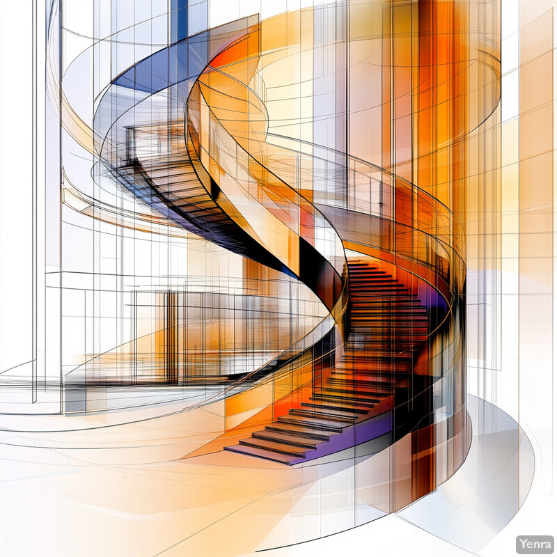 A spiral staircase with a glass wall featuring an abstract pattern of orange, blue, and purple hues.