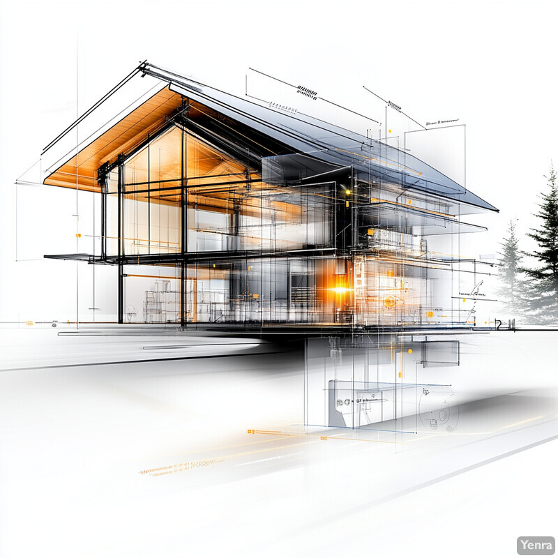 A detailed architectural rendering of a modern house with clean lines and minimal ornamentation.