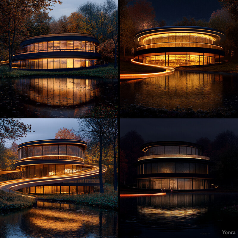 A circular building with a glass exterior and multiple levels of windows situated on a hillside overlooking the water.