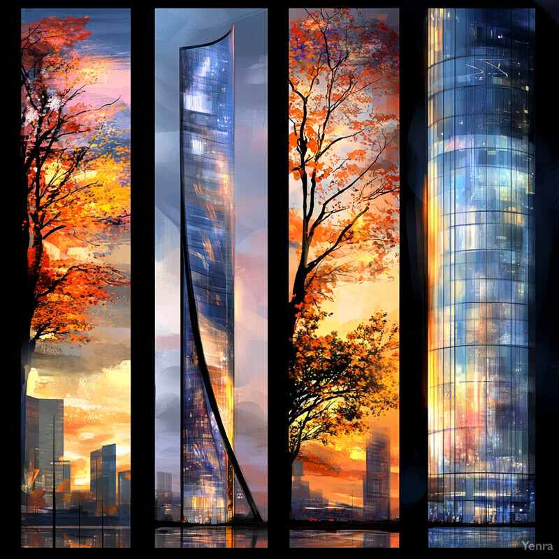 An abstract representation of a cityscape at sunset, with three tall buildings and trees in the foreground.