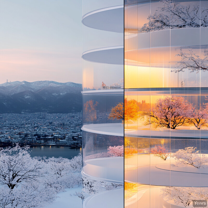 A futuristic building with a spiral staircase and floor-to-ceiling windows, surrounded by trees and mountains in the background.