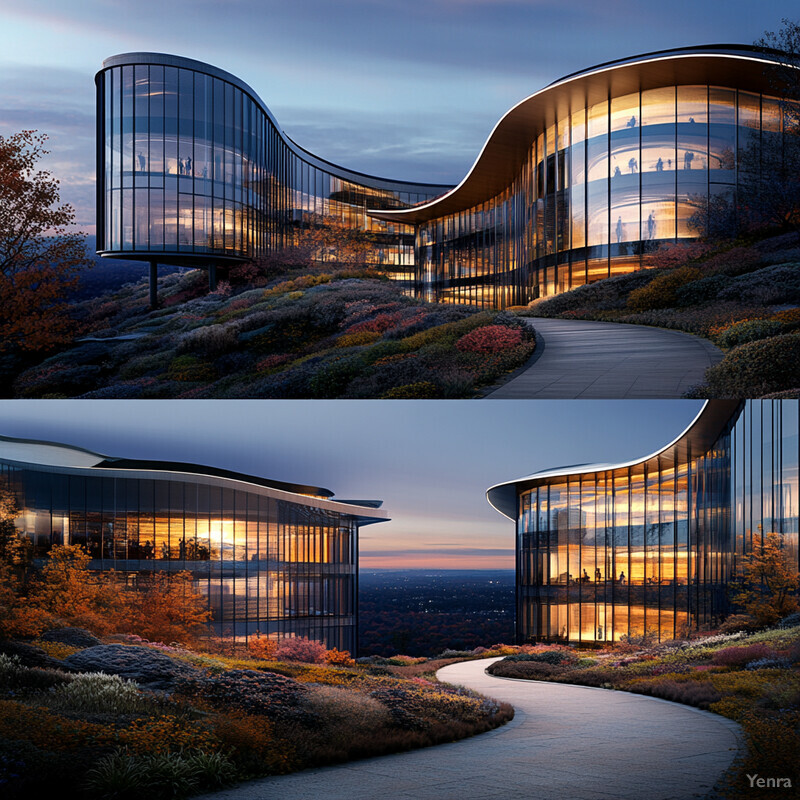 A modern building with large windows and a curved design situated on a hill overlooking a body of water.