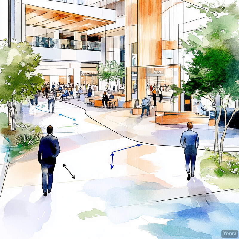 A watercolor-style rendering of an office building or public space with a focus on user-centric design principles.