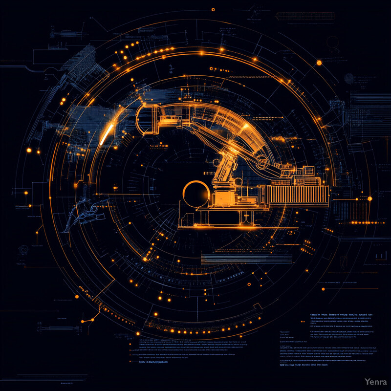 The image presents a complex design featuring an orange robotic arm within a circular frame, surrounded by symbols and lines, suggesting a futuristic and high-tech theme.