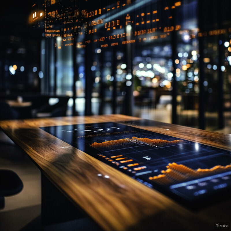 A large wooden table with a digital screen displaying financial data or market trends in a bustling city street at night.