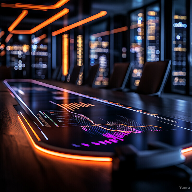 A large table with an orange neon light and purple graphic in a modern office space.