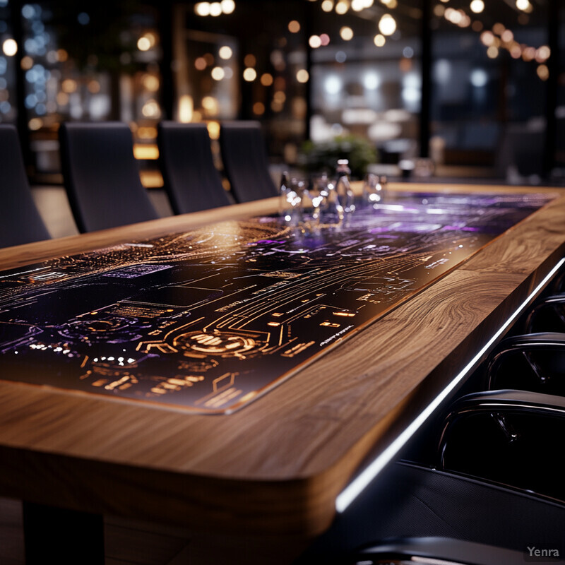 A large wooden table with a unique black and brown surface featuring an intricate circuit board design, illuminated by purple lights underneath.